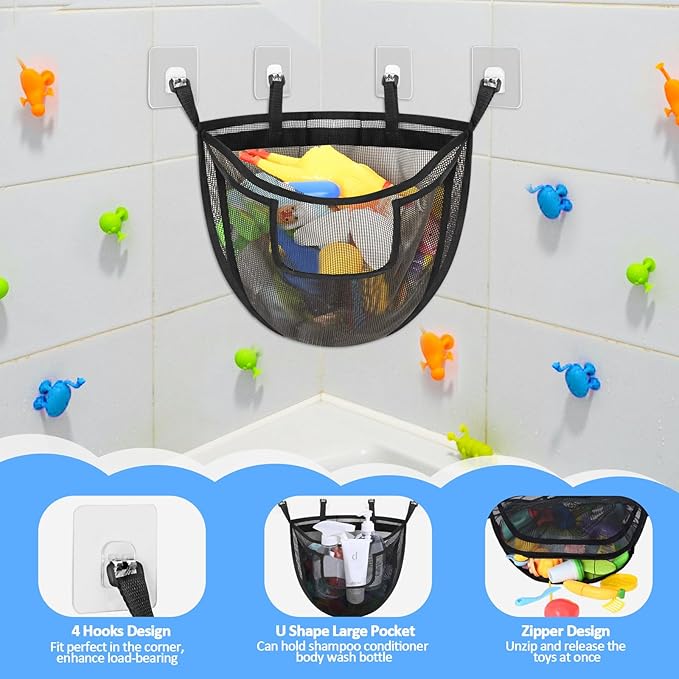 Bath Toy Storage, Corner Bath Tub Toy Storage Holder with Bottom Zipper, Quick Release Bath Toy Organizer with Large Pocket, Mesh Shower Toy Holder Basket Net Bin for Bathtub Toys - Black