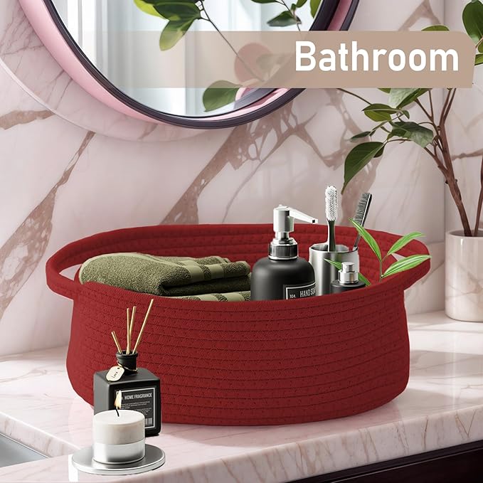 JMvicyroam Woven Basket,Small Rope Storage Bin with Handles & Ribbon Bag, Organizer for Shelves Closets,Gift Basket Empty for Birthday,Books,Dog Toys, Red/3 Pack