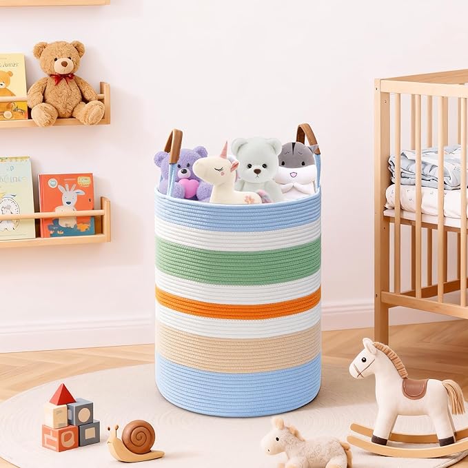 Degeyoyo 60L Striped Laundry Basket, Rainbow Laundry Hamper with Leather Handles, Woven Cotton Rope Storage Bin for Blankets, Nursery Hamper for Clothes, Toys In Bathroom, Livingroom, Bedroom
