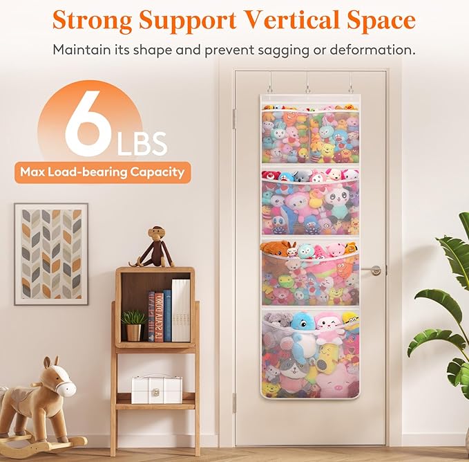 Lifewit Stuffed Animal Storage, Over the Door Organizer with 5 Expandable Mesh Pockets, Breathable Oxford Fabric Hanging Kid Baby Plush Toy Holder for Nursery, 167 cm (65.8'') High, White, 1 Pack