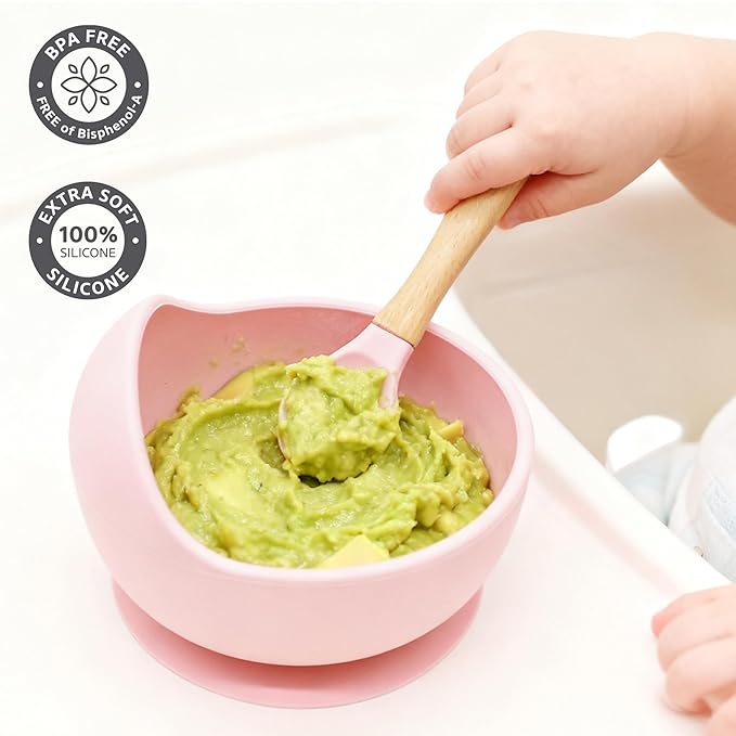 Ginbear Baby Bowls with Suction, Silicone Bibs, Self Feeding Spoons, Led Weaning Supplies, Toddler Eating Set for Ages 6 Months+ (Baby Pink)