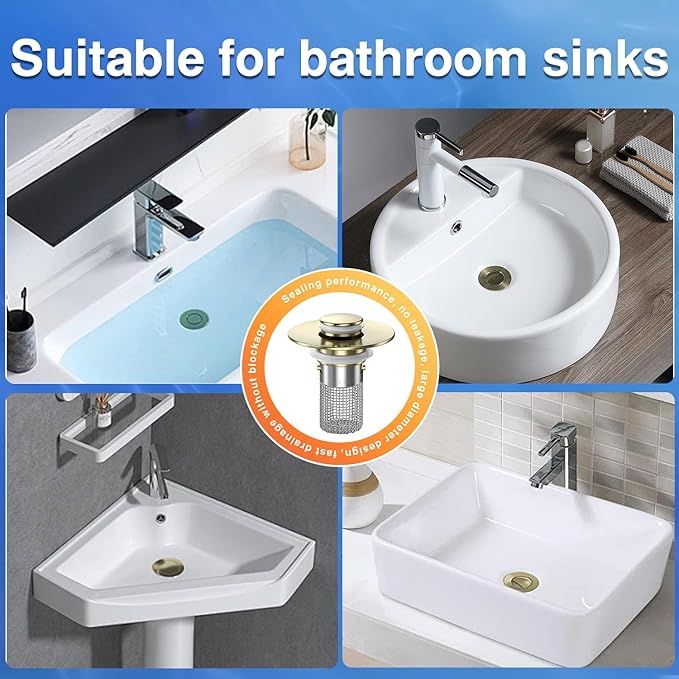 Sink Stopper Hair Catcher,(4PCS) Pop-up Sink Drain Strainer with Removable Stainless Steel Strainer Basket Hair Catcher, Bathroom Sink Strainer for Bathroom Sink Stopper Replacement (4, Brushed Gold)