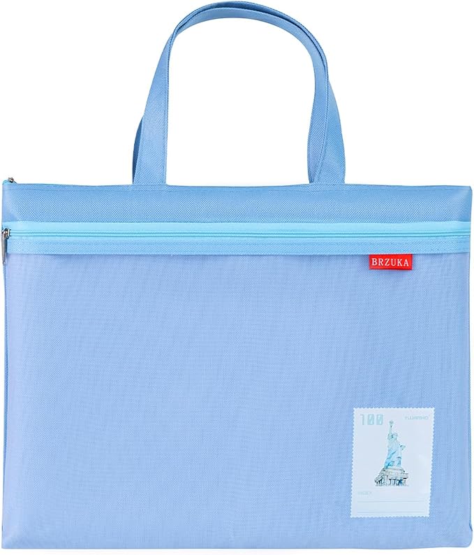 BRZUKA Mesh Zipper Pouch 11x13.7 in, A4 Double Pocket Waterproof File Bag with Handle, Document Storage for School/Travel/Office/Cross Stitch/Puzzle (Blue)