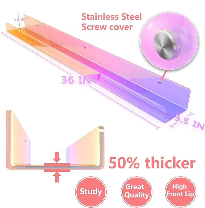 RORKIM 36 inches Iridescent Acrylic Floating Shelf,Wall Mounted Kids Bookshelf, Display Book Shelves for Kids Nursery Toddler Classroom 2 Packs