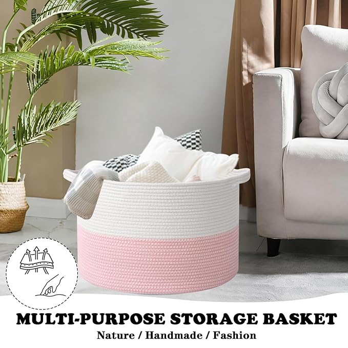 Large Storage Basket with Handle,19.7" L x 19.7" W x 13" H Blanket Basket Storage Bins for Organizing,65L Cotton Rope Woven Baskets for Living Room, Nursery,Bedroom,White&Pink