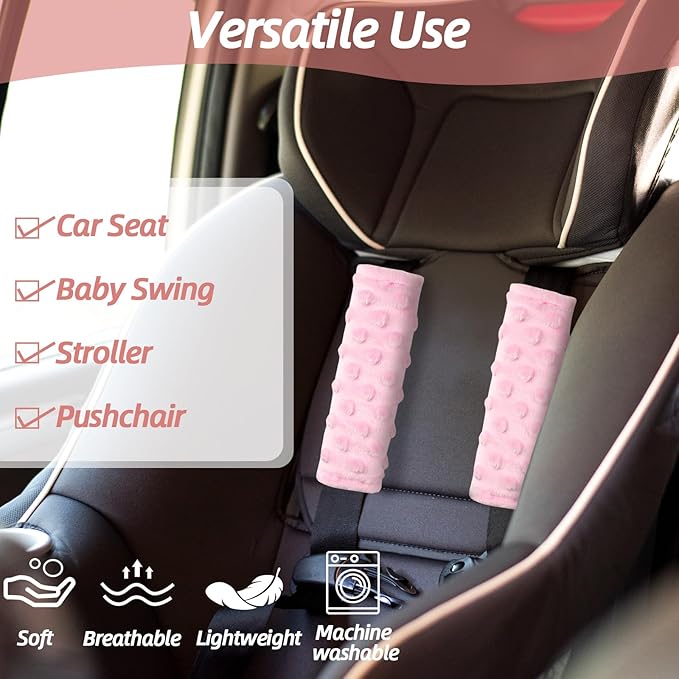 WINGHENLEE Baby Car Seat Strap Pads, Car Seat Strap Shoulder Covers for Baby Infant Toddler, Double-Sided Car Seat Belt Covers for Stroller/Pushchair/Baby Swing, Soft Flannel & Mesh, Pink