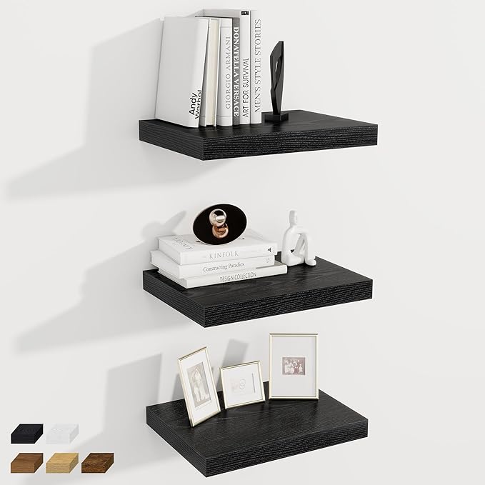 Fun Memories 12 Inch Deep Floating Shelves, 16 x 12 Wooden Wall Shelves, Extra Deeper & Thicker Rustic Wall Mounted Storage Shelf for Fireplace, Living Room, Kitchen, Farmhouse, Black - 3Pack