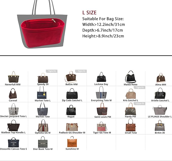 Purse Organizer Insert, Suede Bag Organizer Handbag Tote Shaper, Suede Material, Soft and Non Damaging Bag (Large,Red)
