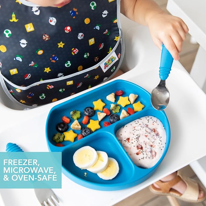 Bumkins Toddler and Baby Suction Plate, Divided Grip Dish for Babies and Kids, Baby Led Weaning, Feeding Supplies, Sticks to Tables and Highchairs, Platinum Silicone, for Children 6 Months, Dark Blue