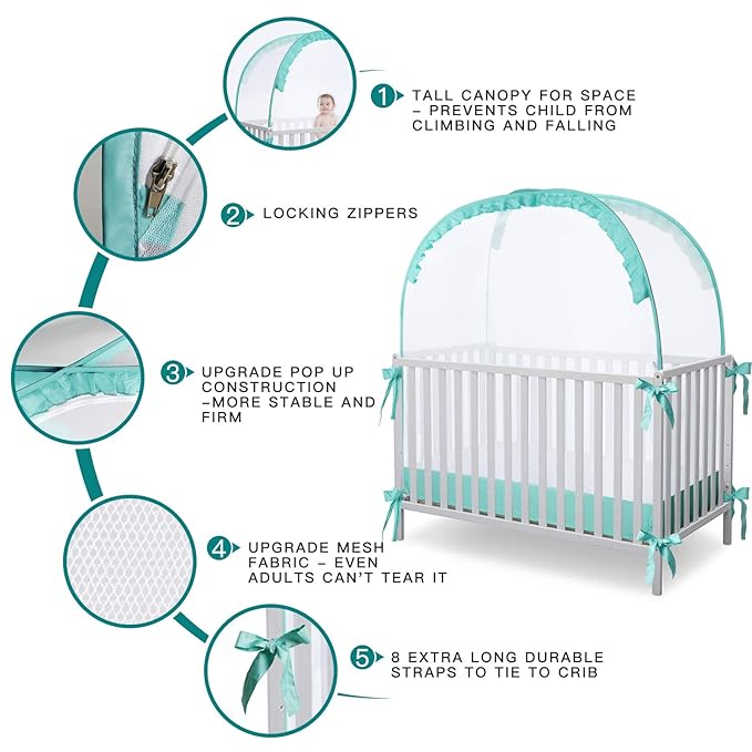 L RUNNZER Crib Pop Up Tent Baby Safety Mesh Cover Mosquito Net Toddler Bed Canopy Netting Cover Protect Baby from Biting and Falling, Emerald, 51 x 51 x 27 Inch