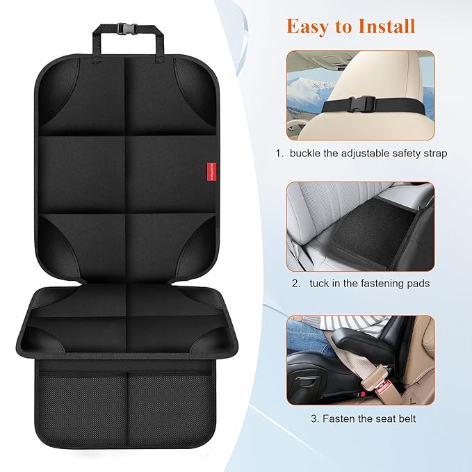 Car Seat Protector, Carseat Seat Protectors with Thick Padding and Upgraded Non-Slip Backing, Waterproof Seat Protector under Baby Car Seat, 600D Fabric Car Seat Covers with Storage Pockets for Baby