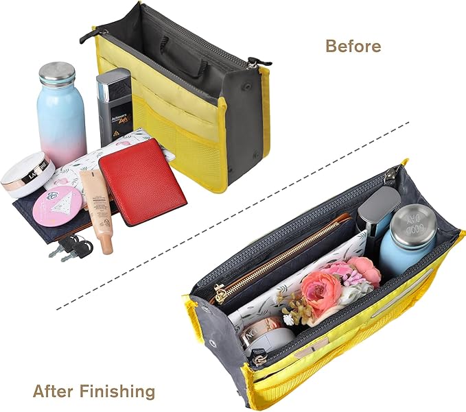 Vercord Purse Organizer Insert for Handbags Bag Organizers Inside Tote Pocketbook Women Nurse Nylon 13 Pockets Yellow Small