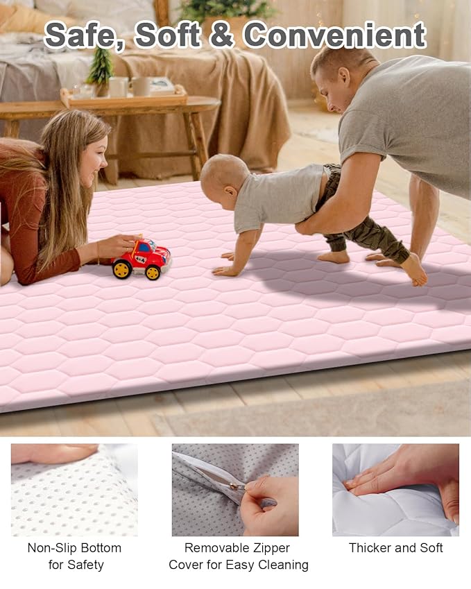 TINYHARBO Premium Foam Baby Play Mat 50" x 50" with Removable Cover, Extra Thick Padding Playpen Mat, Non-Slip Floor Mat, Stylish & Easy to Clean for Crawling Baby, Infants & Toddlers, Pink