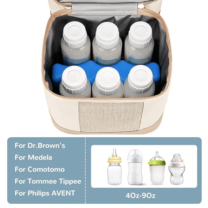 Mancro Breastmilk Cooler Bag with Ice Pack, Double Layer Breast Milk Cooler Bag Fits 6 Bottles Up to 9 Ounces, Leafproof Insulated Baby Bottle Bag for Nursing &Working Mom