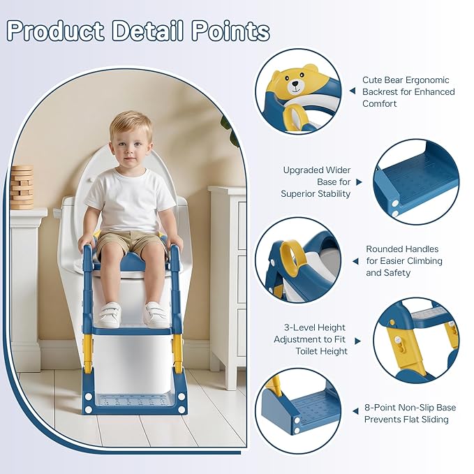 Potty Training Seat, 2-in-1 Toddler Toilet Training Seat & Potty Chair for Kids Boys Girls, Height Adjustable Toilet Seat with Splash Guard, Stable Wide Base Design, Anti-Slip Steps Stool