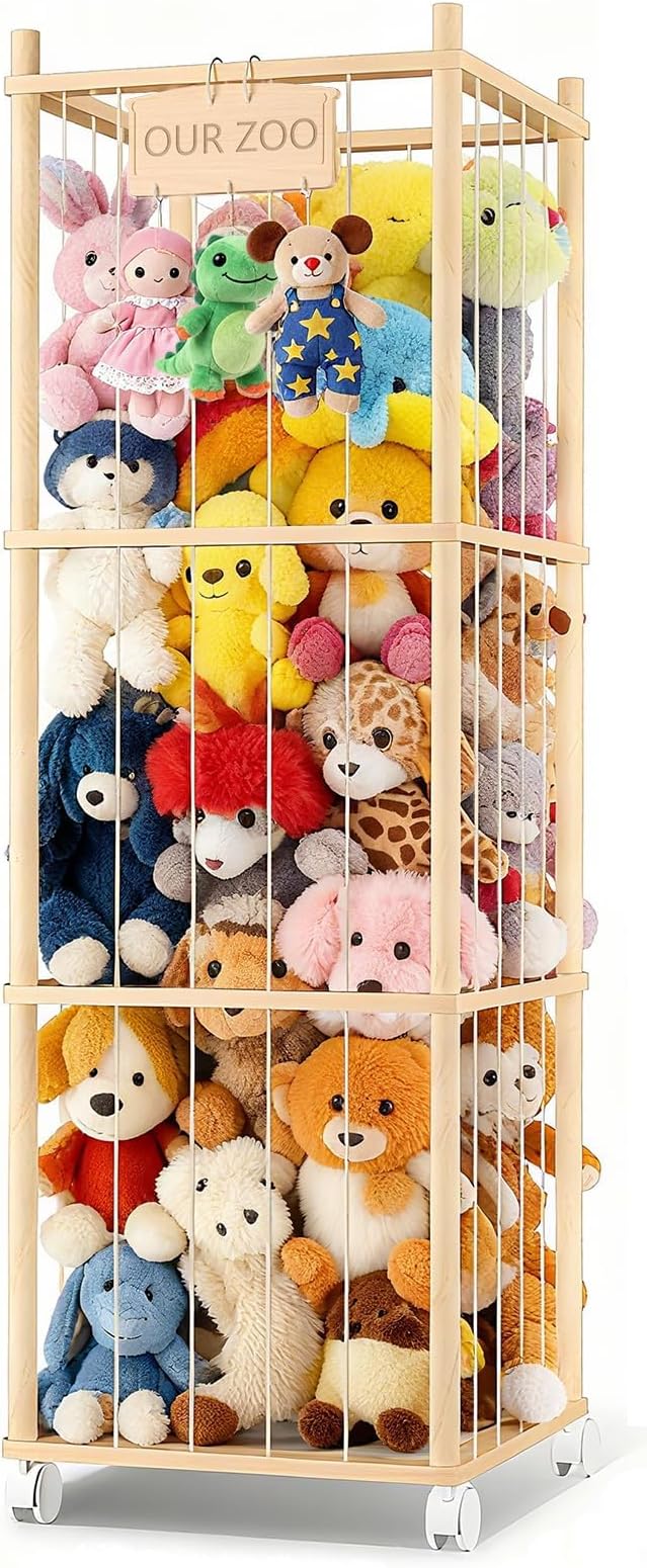 DUOQNY Large Toy Storage Organizer, 54-Inch Wooden Stuffed Animal Cage with Bag & DIY Plaque - Holds Plush Toys, Small Objects for Kids Bedroom, Nursery, Playroom - Gift for Children