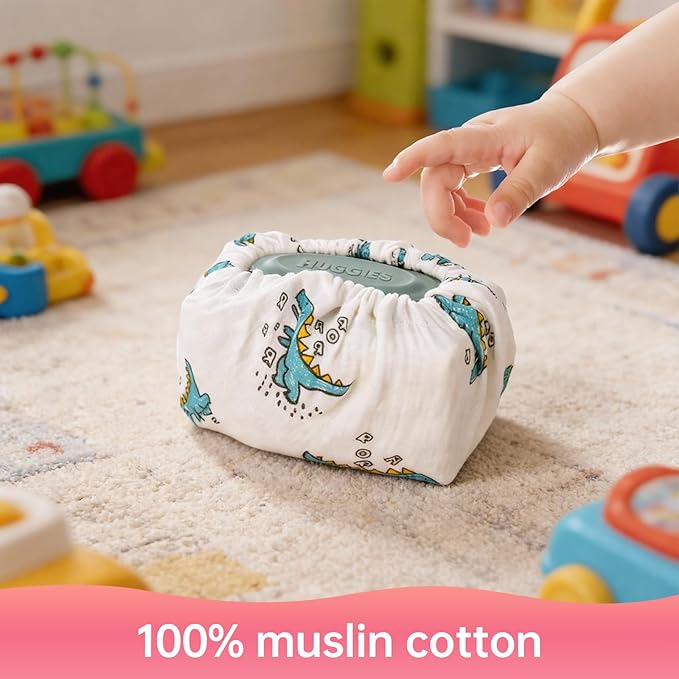 3 Pcs Baby Wipes Cover- Universal Size, Reusable Muslin Cotton Fabric Wipe Holder Pouch for Boys and Girls (Dinosaur, Rainbow, Bear)
