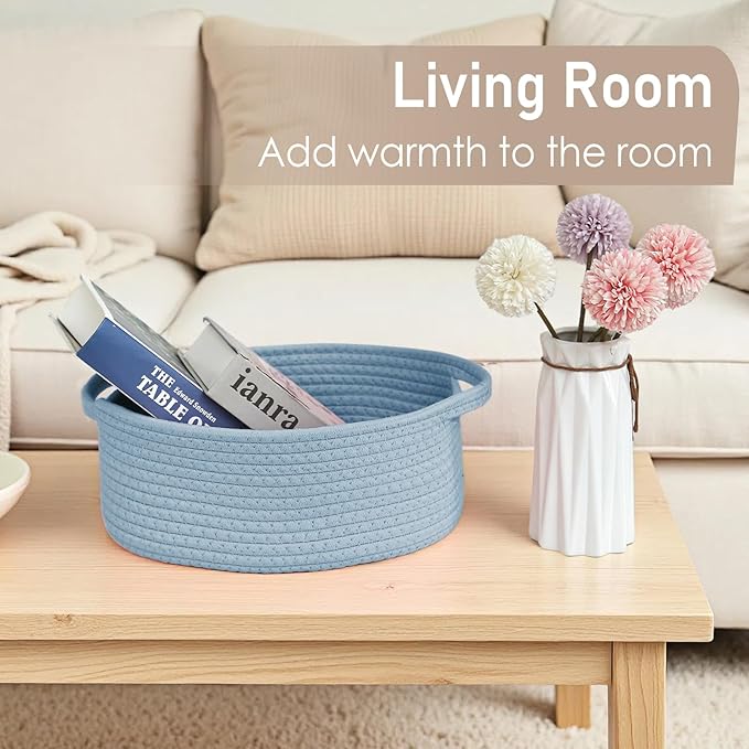 JMvicyroam Woven Basket,Small Rope Storage Bin with Handles & Ribbon Bag, Organizer for Shelves Closets,Gift Basket Empty for Birthday,Books,Dog Toys, Blue