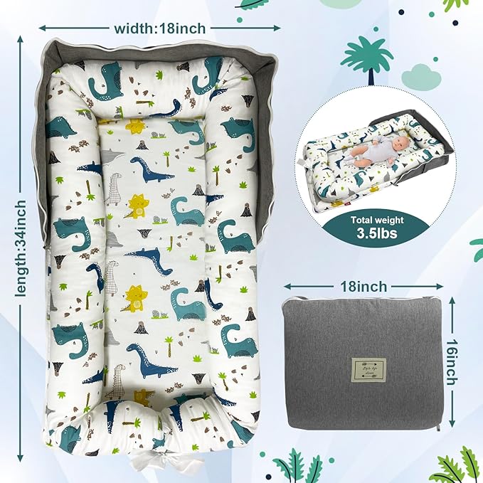 Baby Lounger, Foldable Portable Infant Lounger, Baby Nest Cover, Suitable for 0-24 Months Newborn Baby Lounger,Home Travel Dual-Purpose Baby Nest（Blue Dinosaur）