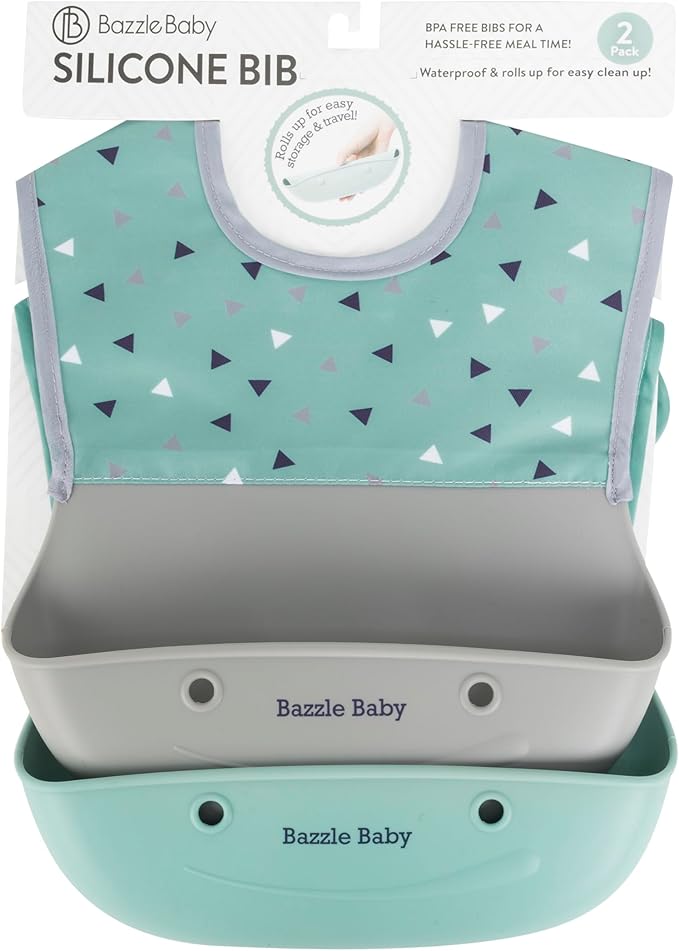 Bazzle Baby Silicone Bibs with Food Catcher - Rolls Up and Button closed for easy travel and storage Waterproof 2-Pk