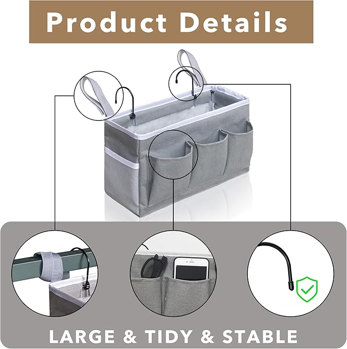 Kanrichu Bedside Caddy Storage Organizer - 2pcs Hanging Bag Holder with Pockets for Bedroom, Loft, Tent, Curtain, Bunk bed Shelf Accessories (Gray)