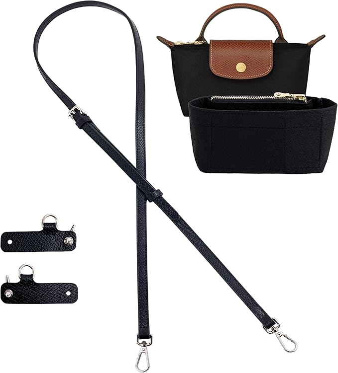 Mini Bag Organizer with Genuine Leather Crossbody Strap Conversion Kit, Compatible with Longchamp Mini Bag – Inner Liner Insert + Strap Kit Set, Black+Black