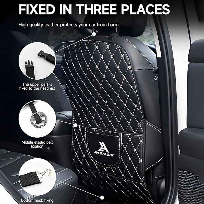 FASTAGEI Universal Car Kick Mats Back Seat Protector with Storage Pockets, Premium Leather Car Seat Back Cover Protector Waterproof Scratch-Resistant Easy Clean