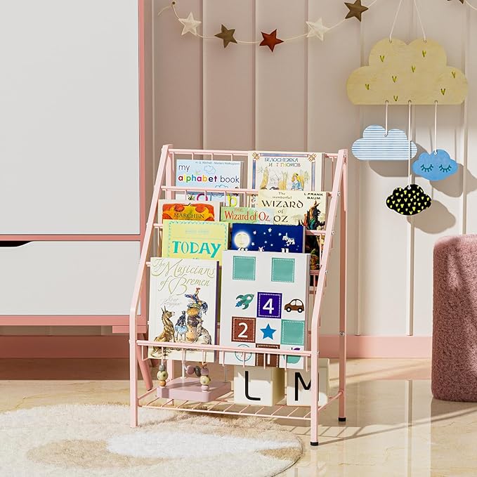 JAQ Toddler Bookshelf for Girls, 4-Tier Metal Kids Child Bookcase Rack with Toy Storage Organizer in Playrooms Nursery Clasroom Corner Library for Infants Baby Young Children (24.92 inch, Pink)