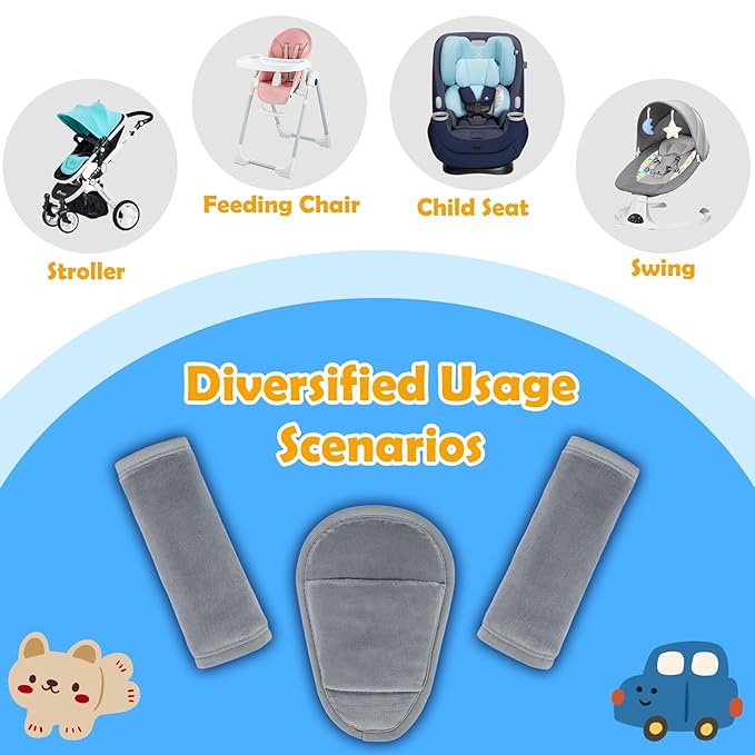 3 Pcs Car Seat Stroller Straps Pads for Baby, Newborn Soft Shoulder Strap and Crotch Covers, Universal Shoulder Straps Pads for Car Seat, Pushchair, High Chair (Grey)