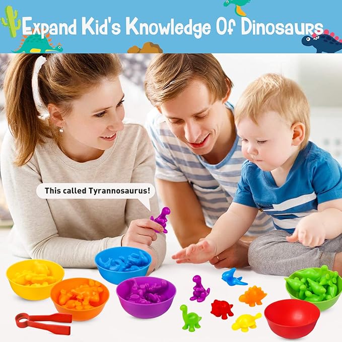 NAODONGLI Counting Dinosaurs Color Sorting Toys with Rainbow Bowls,Sensory Training & Counting Activity Montessori Education Learning Activities Easter Basket Stuffers Gifts for Boys Girls