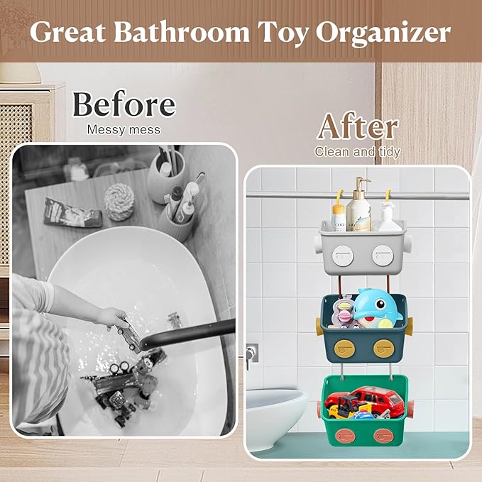 Bath Toy Storage Organizer Basket, 2 Pack Cute Robot Bathtub Shower Toy Organizer, Wall Mounted Hanging Bath Toy Holder with Hooks, for Tub Laundry
