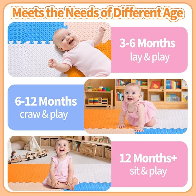 Coolcandy Baby Foam Play Mat 16Pcs with Edge Strips, 4 Colors Interlocking Floor Tiles, 0.4″ Thickened Non-Slip Puzzle Floor Mat for Infants Toddlers Playroom & Daycare