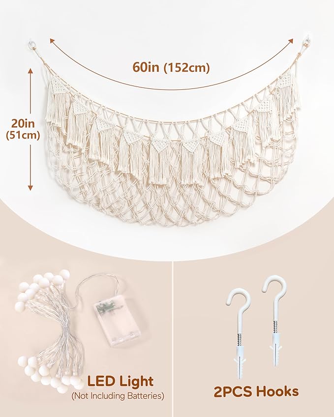 Boho Macrame Stuffed Animal Hammock with LED Lights – Large Wall Hanging Plushie Net, Corner Toy Organizer for Kids Bedroom, Nursery, Playroom & Dorm (White XXL)