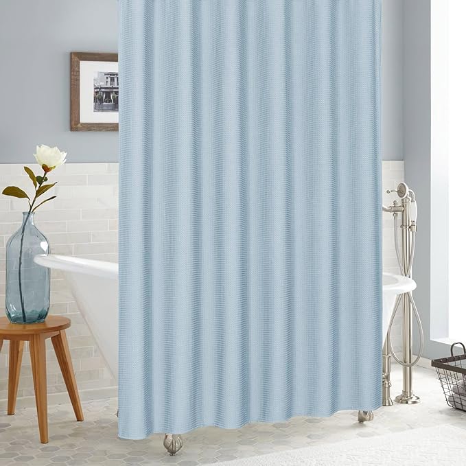 MitoVilla Extra Long Shower Curtain 72 x 84, Blue 84 inch XL Waffle Fabric Shower Curtains for Modern Luxury Bathroom Decor, Waffle Weave Textured Weighted Shower Curtain 84 inch, Fog Blue