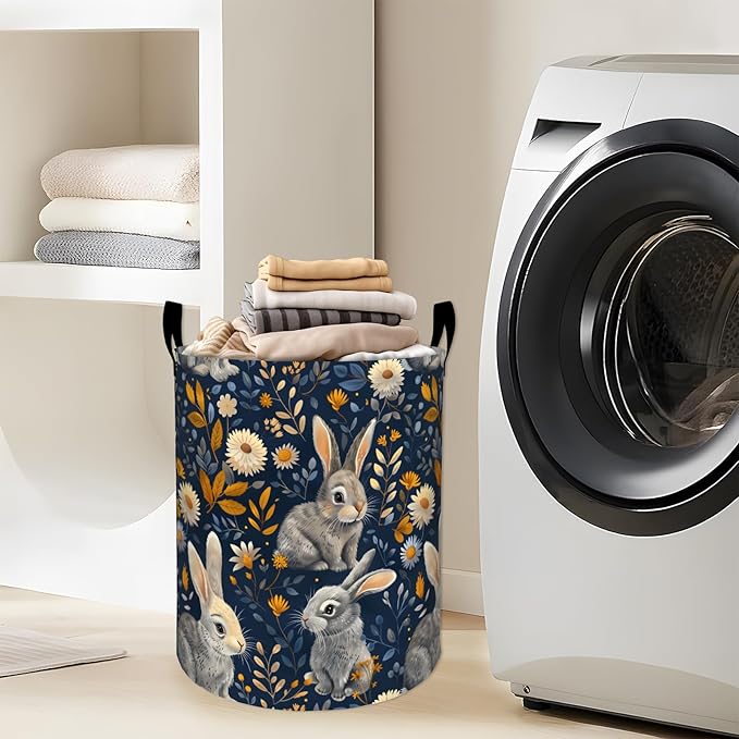 Cute Rabbit White Daisy with Leaves Laundry Basket with Handles, 19.7"x15.7" Clothes Foldable Laundry Hamper Organizer for Dorm Nursery Bedroom Bathroom Decor, Toy Storage Bin for Kids