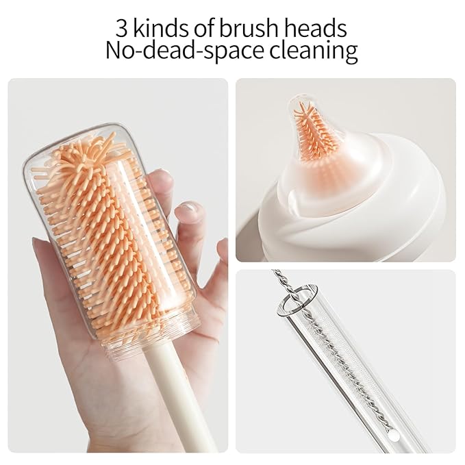 Suvast 7in1 Travel Bottle Cleaner kit,Baby Essentials, with Bottle Brush、Nipple Brush、Straw Cleaner Brush、Soap Dispenser、Bottle Drying Rack、Drainage Tray、Storage Box,Baby Travel Essential (White)