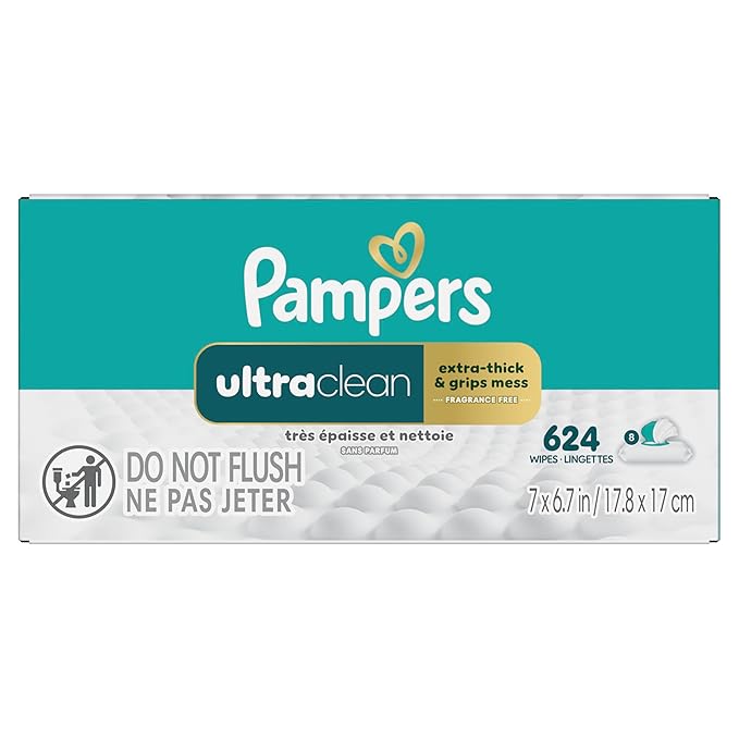 Pampers Ultraclean Baby Wipes (Previously 'Free & Gentle'), 99% Water, Hypoallergenic, Unscented, 100% Plant Based, Plastic-Free, 624 Wipes Total (8X Flip-Top Packs)