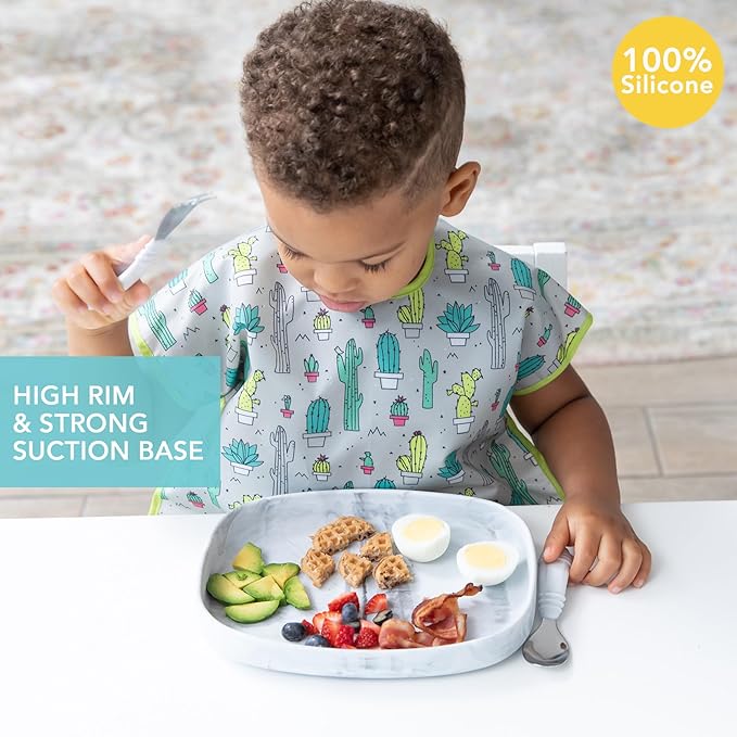 Bumkins Toddler and Baby Suction Plate, Silicone Grip Dish Large Tray for Big Kids, Fits Most Highchairs, Essential Children Feeding Supplies, Non Skid Sticky Bottom, Platinum Silicone, Marble
