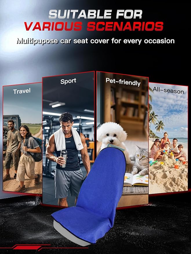 Universal Car Seat Cover Towel, Waterproof Washable Sweat Protection for Front Bucket Seats, Non-Slip Fit, Fits Cars SUVs Trucks, Ideal for Gym, Kids, Pets, Outdoor Sports, Travel (Blue, 1 Pack)