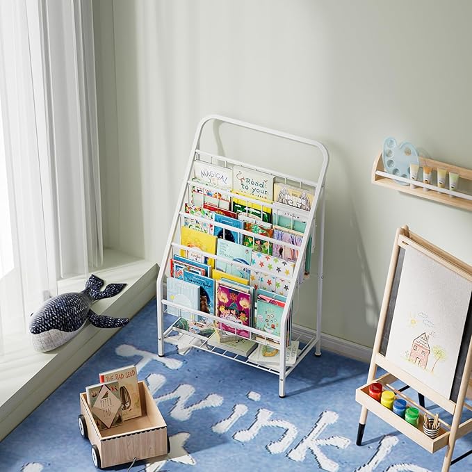 JAQ Kids Bookshelf, 4-Tier Metal Sling Kid Display Bookshelves Bookcase with Toy Storage in Baby Library Room Classroom Playroom for Toddlers Nursery Children (4-tier/28.35inch, White)