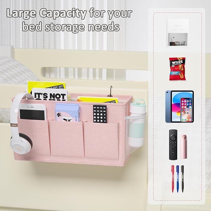 Edudif Dual-purpose Bedside Caddy Bedside Organizer, Bed Caddy with 6 Pockets, Versatile Bedside Storage Solution Magazine Remotes holder, ideal for Home, Dorm, Hospital, Crib Bed (Pink)