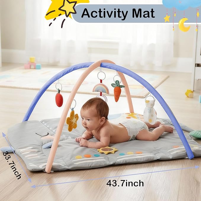 BEINGMATE Care Baby Play Gym Tummy Time Mat, Oversize Elephant Activity Mat with 6 Detachable Toys, Promote Motor Skills & Sensory Development Mat, Newborn Infant Baby Essentials Gift