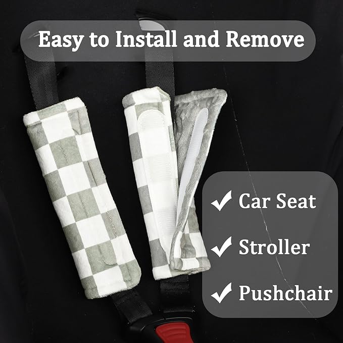 DILIMI Baby Car Seat Belt Covers, 2Pcs Carseat Shoulder Strap Pads, Soft Minky Car Seat Neck Covers, Newborn Car Seat Strap Protectors, Stroller Strap Covers for Baby Kids, Grey Checkered