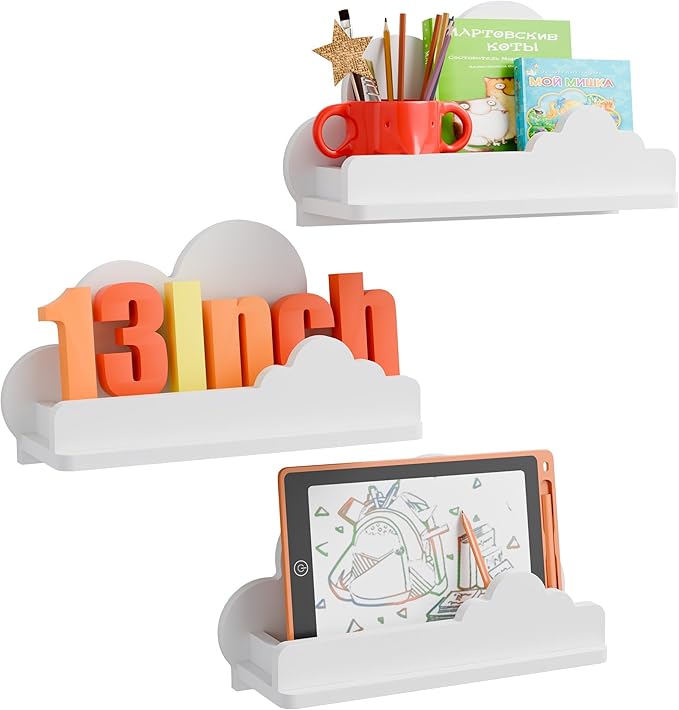 Cloud Shelves for Kid’s Room, 13’’ Long Nursery Wall Deor Set of 3, White Cloud Bookshelf Floating Shelf, Figure Shelf Wall Mounted, Cute Decorative Cloud Wall Shelf for Toys, Plants & Storage