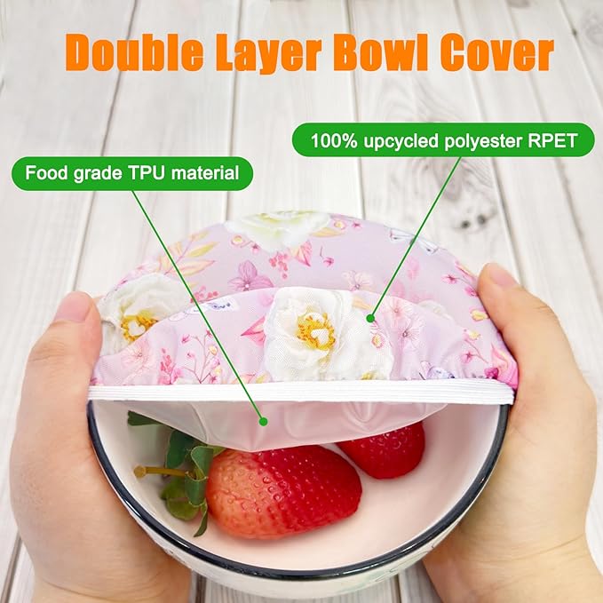 3 Pack Double Layer Bowl Covers Reusable in 3 Size Stretch Cloth Fabric, Elastic Food Storage Covers Bread Bowl Covers Reusable Lids for Food, Fruits, Leftover