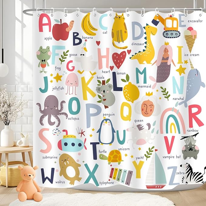 Kids ABC Shower Curtain Alphabet Educational Learning Tool Toddler Baby Cartoon Animals Girls Boys Colorful Bath Curtain Decor Waterproof Fabric 72Lx72W Inch with Hooks
