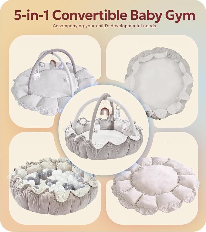 5-in-1 Thick & Plush Baby Play Gym, Baby Play Mats for Floor, Tummy Time Mat with 6 Toys, Convertible Stage-Based Developmental from Babies to Toddlers, Ball Pit, Pet Cushion Cloudico, Grey