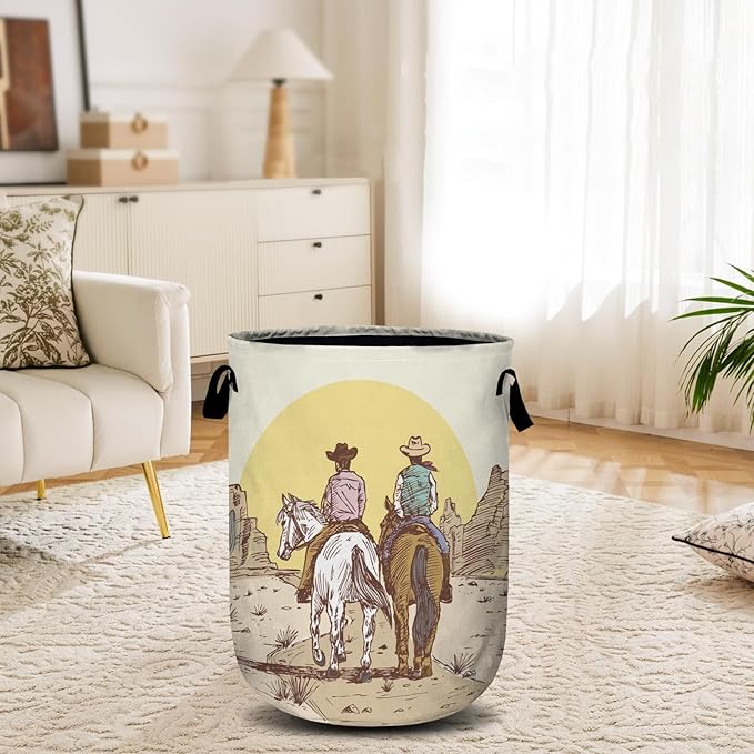 Cowboys Riding Horses Laundry Basket, Laundry Hamper Collapsible Oxford Cloth with Handle Clothes Toy Storage Bin for Bathroom Laundry Room Bedroom 15.7 X 20 Inch