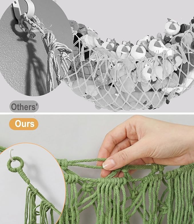 Stuffed Animal Net Hammock, Premium Cotton Hand-knitted plush hammock, Save space Eliminate Clutter Boho Stuffed Animal Storage for Nursery, Bedroom Decor - Avocado green