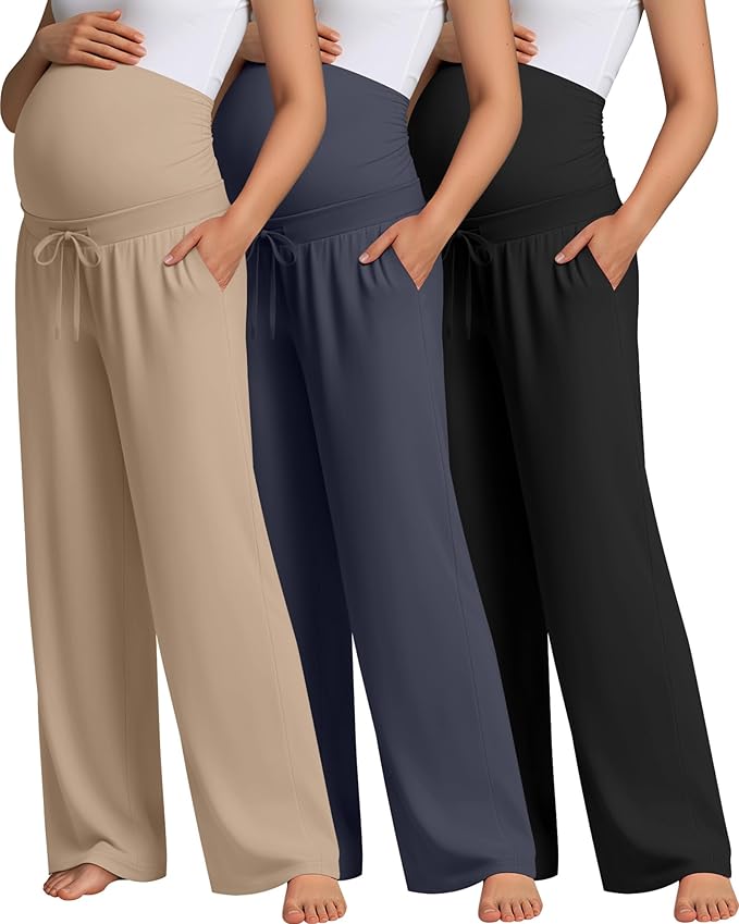 3 Pcs Maternity Sweatpants Over The Belly Pregnancy Straight Wide Leg Elastic Drawstring Pants Joggers with Pockets
